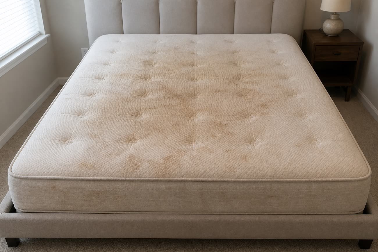 Mattress with visible yellowing and body-oil staining across the surface before cleaning