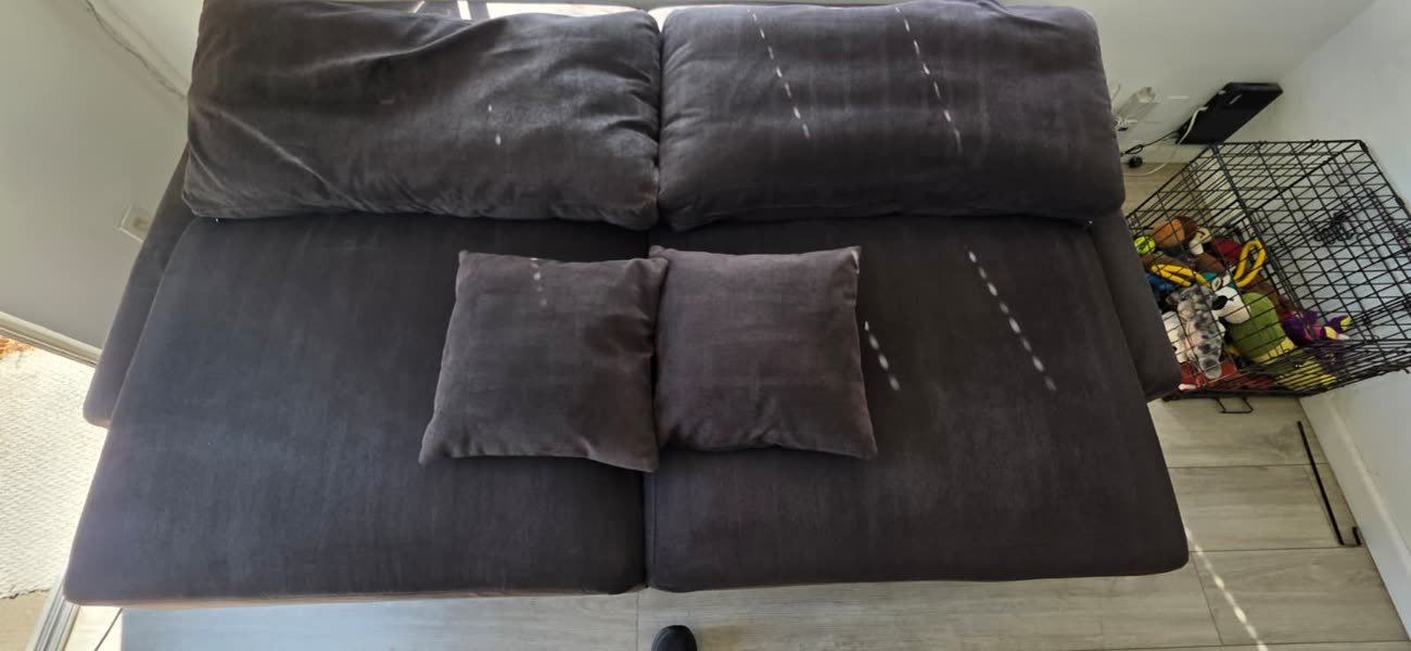 Dark gray sofa cushions with fresh extraction lines after cleaning